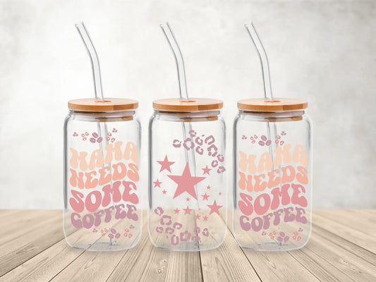 Mama Needs Some Coffee β 473ml (16oz) Glass Can Tumbler with Bamboo Lid & Straw