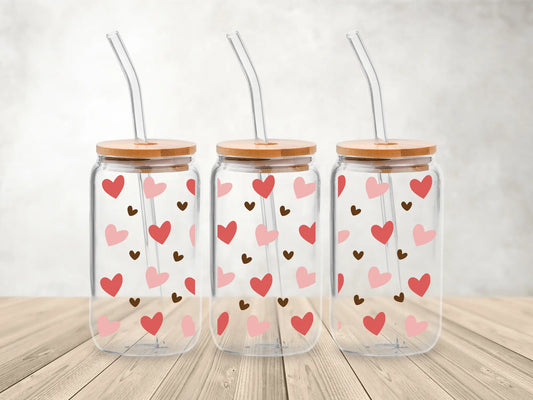 Heart Full of Love – 473ml (16oz) Glass Can Tumbler with Bamboo Lid & Straw