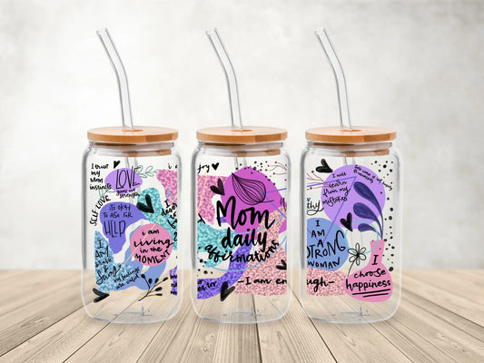 Mum Daily Affirmations β 473ml (16oz) Glass Can Tumbler with Bamboo Lid & Straw (Copy)