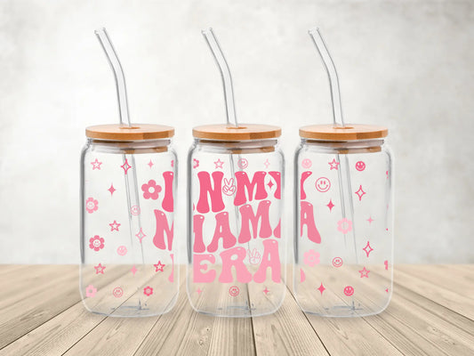 In My Mama Era β 473ml (16oz) Glass Can Tumbler with Bamboo Lid & Straw