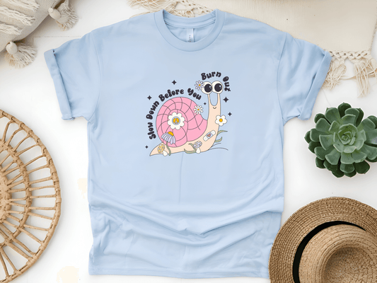 Slow Down Before You Burn Out – Motivational Snail Quote Unisex Softstyle T-Shirt - Lotta and Liv