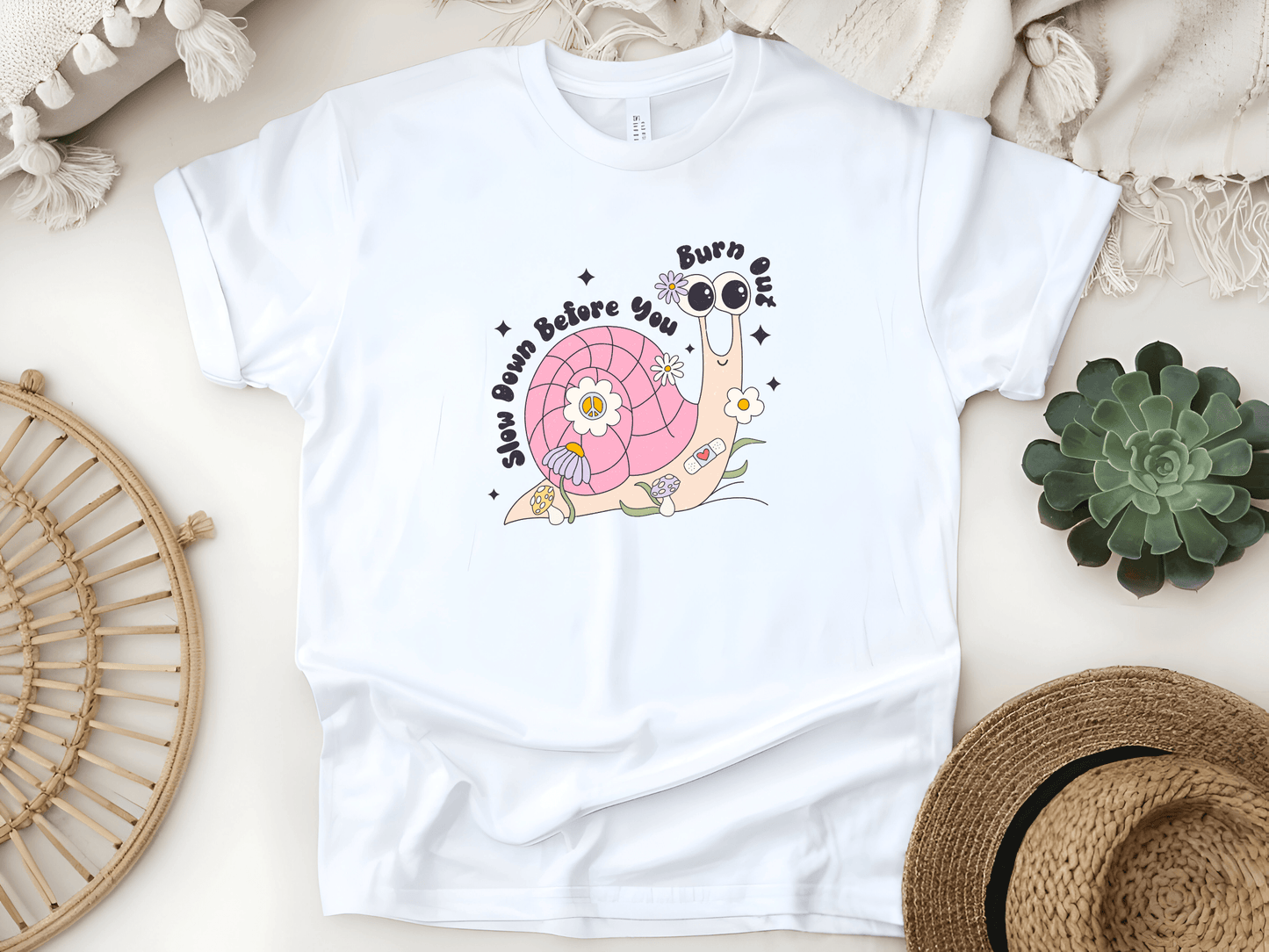 Slow Down Before You Burn Out – Motivational Snail Quote Unisex Softstyle T-Shirt - Lotta and Liv