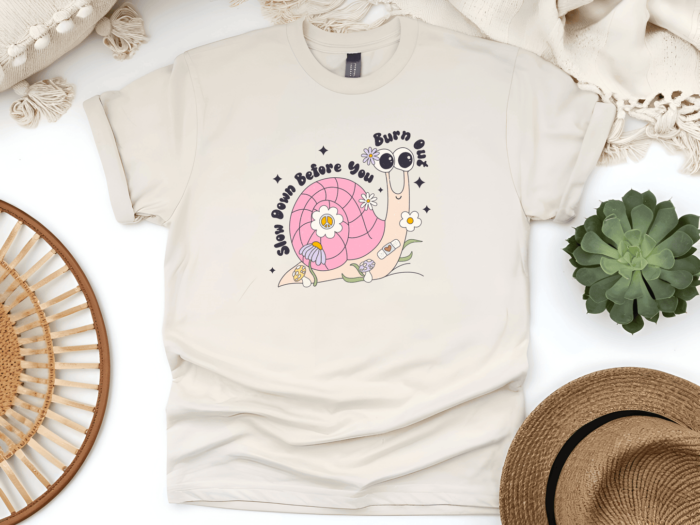 Slow Down Before You Burn Out – Motivational Snail Quote Unisex Softstyle T-Shirt - Lotta and Liv