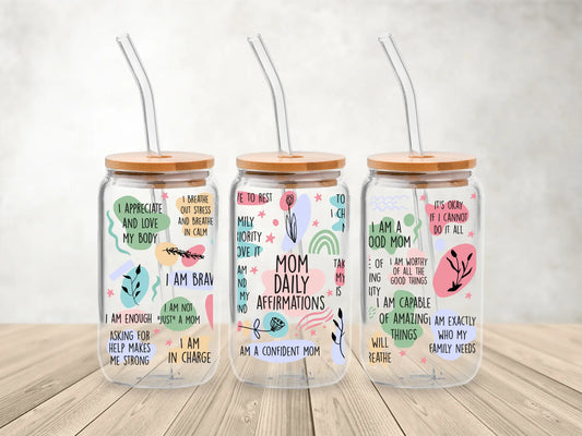 Daily Mum Affirmations – 473ml (16oz) Glass Can Tumbler with Bamboo Lid & Straw