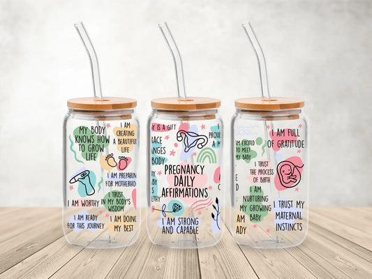 Pregnancy Daily Affirmations – 473ml (16oz) Glass Can Tumbler with Bamboo Lid & Straw