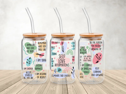 Self Love Affirmations β 473ml (16oz) Glass Can Tumbler with Bamboo Lid & Straw