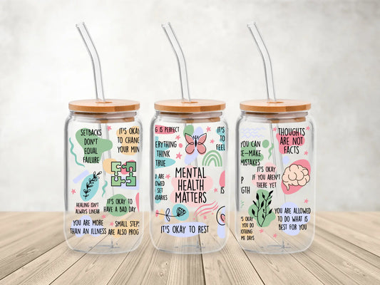 Mental Health Matters β 473ml (16oz) Glass Can Tumbler with Bamboo Lid & Straw