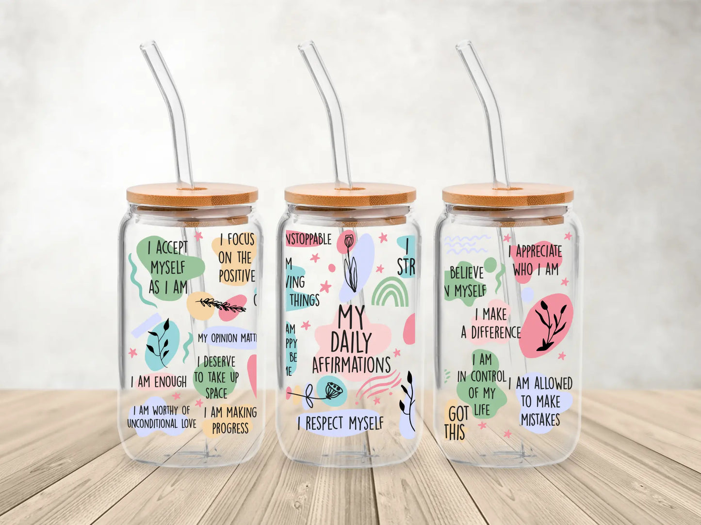 My Daily Affirmations – 473ml (16oz) Glass Can Tumbler with Bamboo Lid & Straw