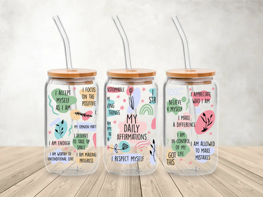 My Daily Affirmations β 473ml (16oz) Glass Can Tumbler with Bamboo Lid & Straw