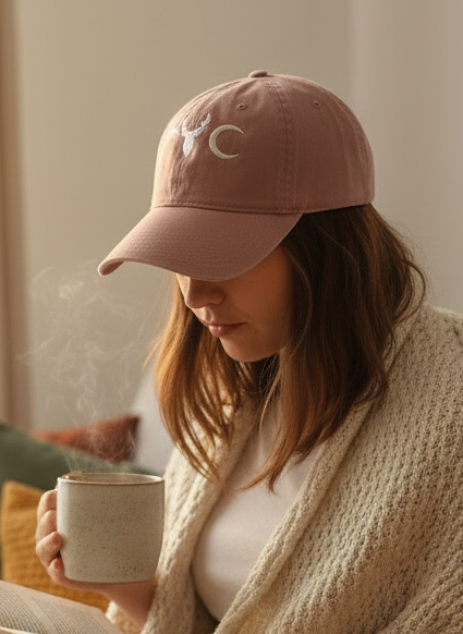 Woman reading a book on a couch with a cup in her hand, wearing a pink cap and cozy blanket.