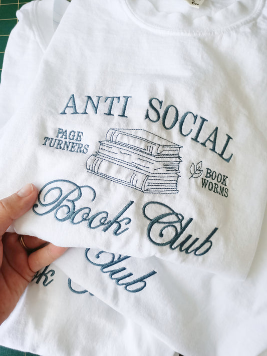 Anti Social Book Club Embroidered Shirt – Book Lover Gift, Reader Tee, Literary Aesthetic, Introvert Shirt, Bookworm Embroidery