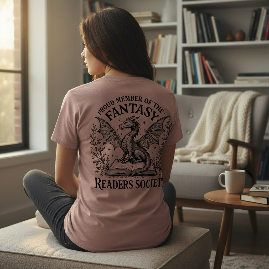 Fantasy Readers Society Shirt – Bookish Dragon Tee (Dusty Rose)