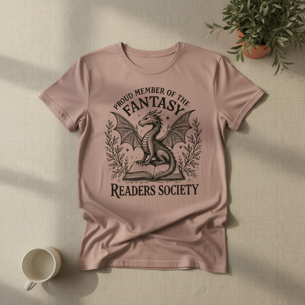 Fantasy Readers Society Shirt – Bookish Dragon Tee (Dusty Rose)